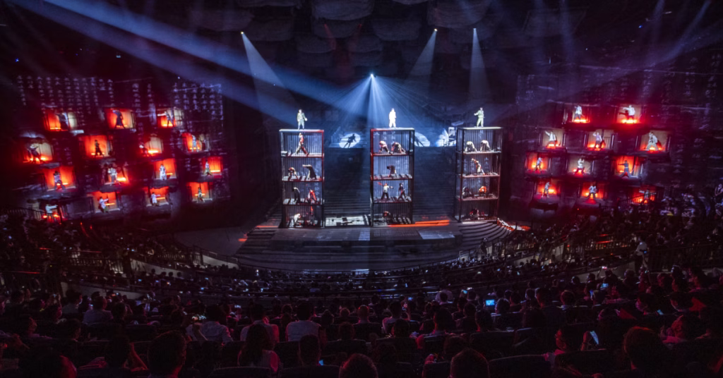 a wide shot photo of the chongqing 1949 theatre showing the 360 rotating stage and the VIP and standard seats zones